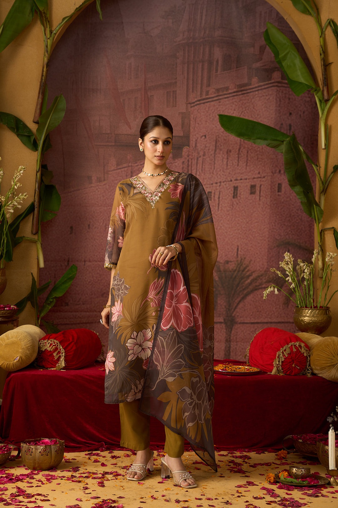 Floral Embroidered Straight Organza Kurta & Trousers Sets