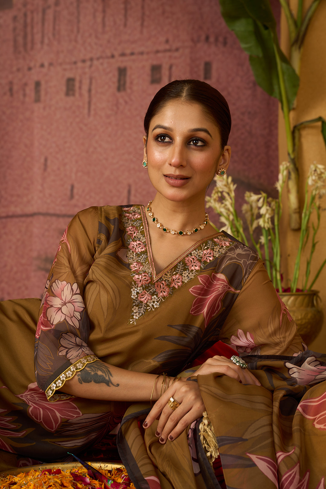 Floral Embroidered Straight Organza Kurta & Trousers Sets