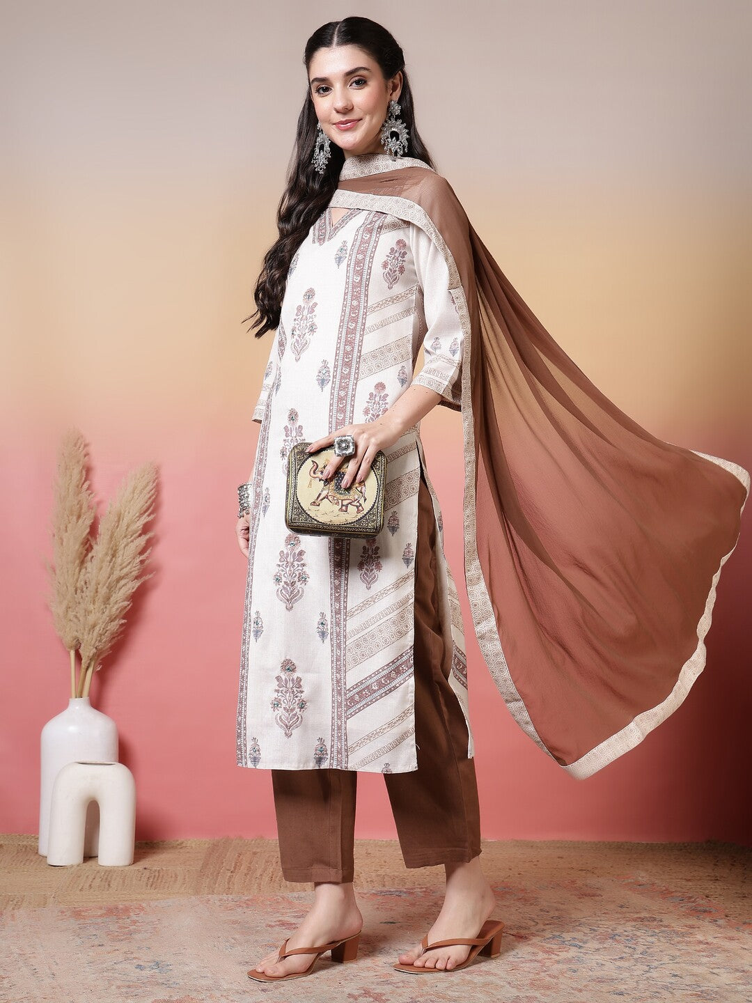 Floral Embroidered Straight Kurta & Trousers Sets