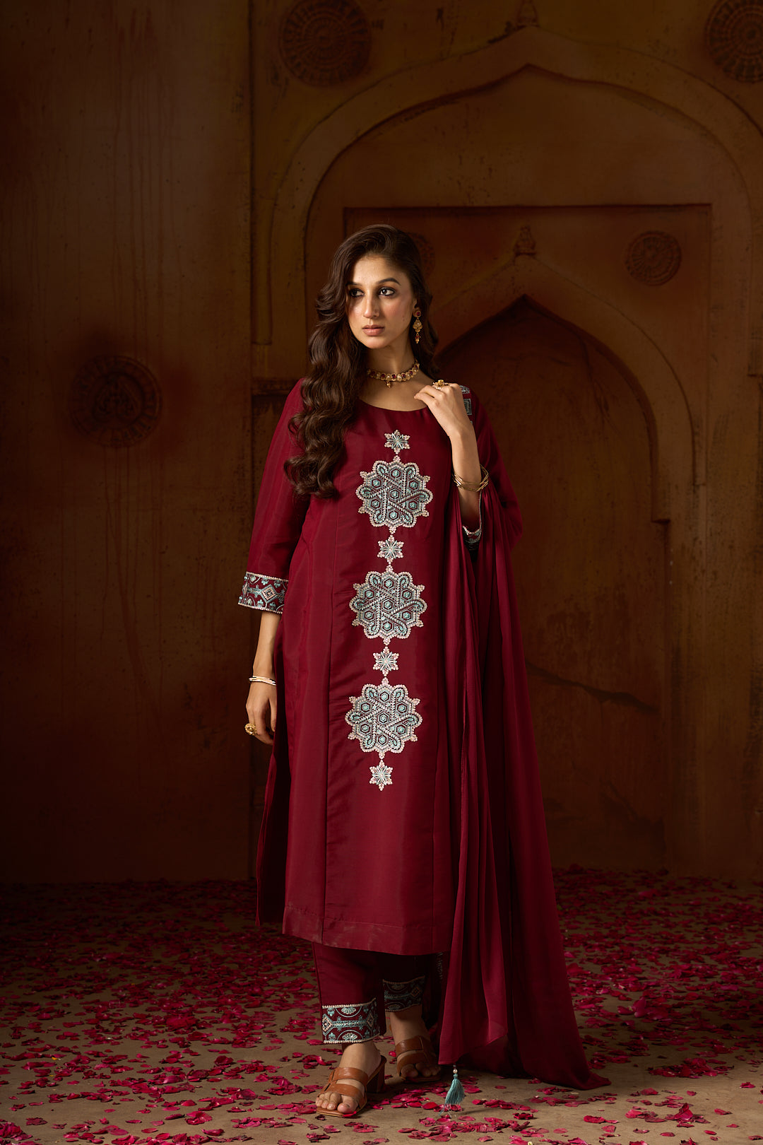 Floral Embroidered A-Line Silk Blend Kurta & Trousers Sets