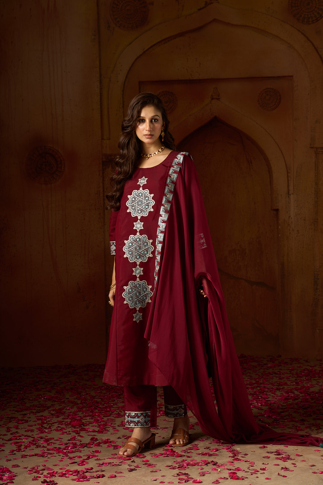 Floral Embroidered A-Line Silk Blend Kurta & Trousers Sets
