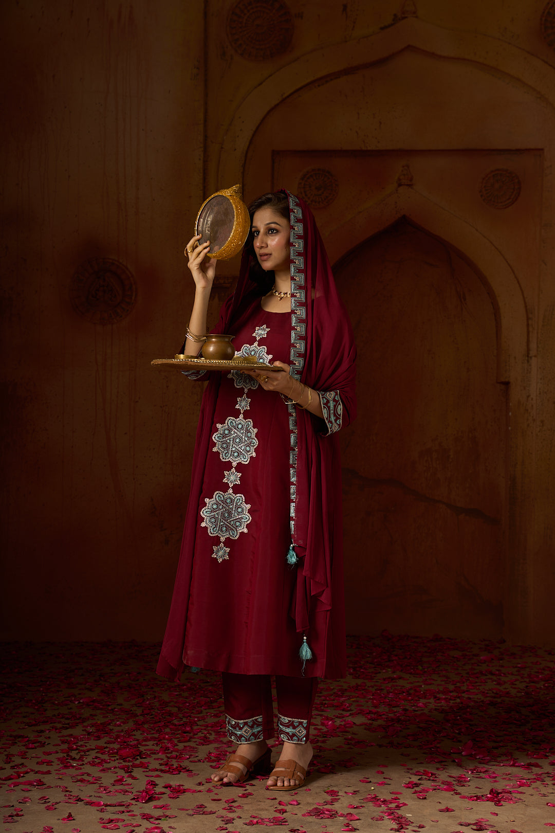 Floral Embroidered A-Line Silk Blend Kurta & Trousers Sets