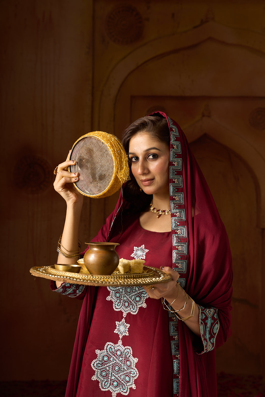 Floral Embroidered A-Line Silk Blend Kurta & Trousers Sets