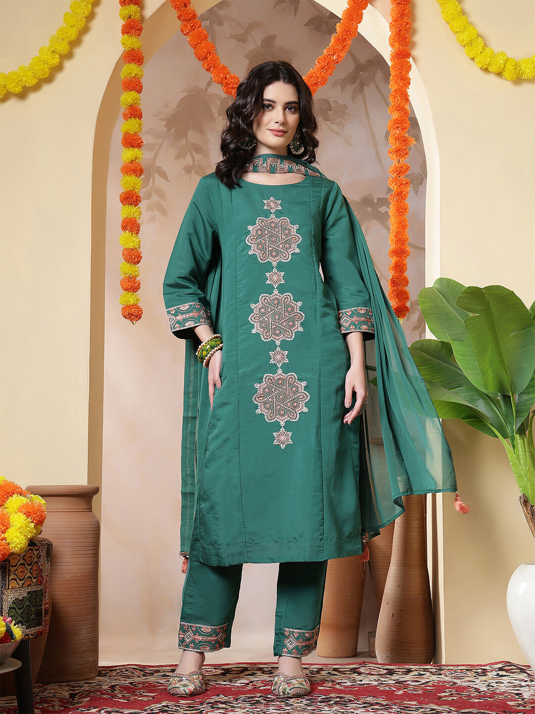 Floral Embroidered Straight Kurta & Trousers Sets