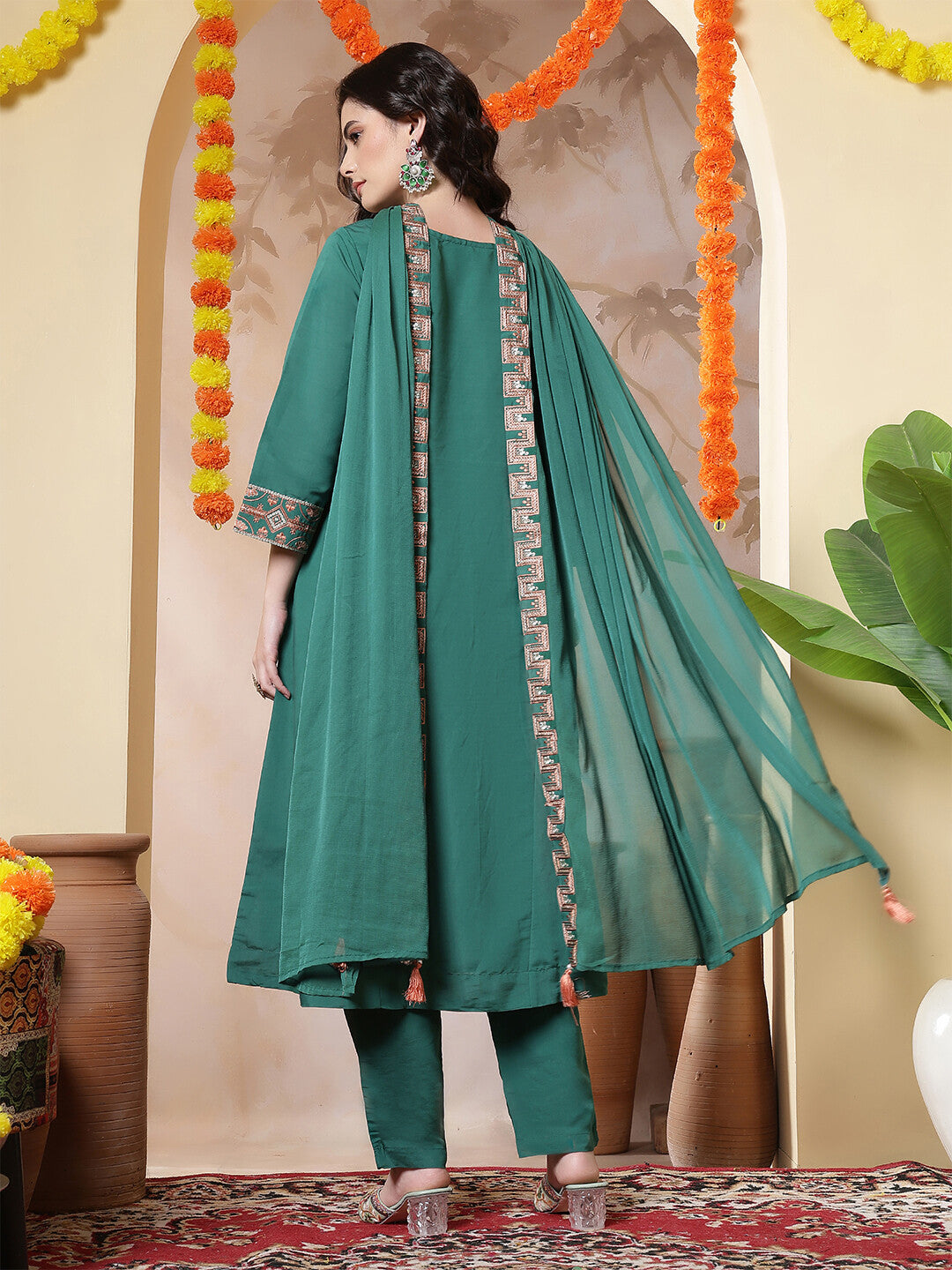 Floral Embroidered Straight Kurta & Trousers Sets