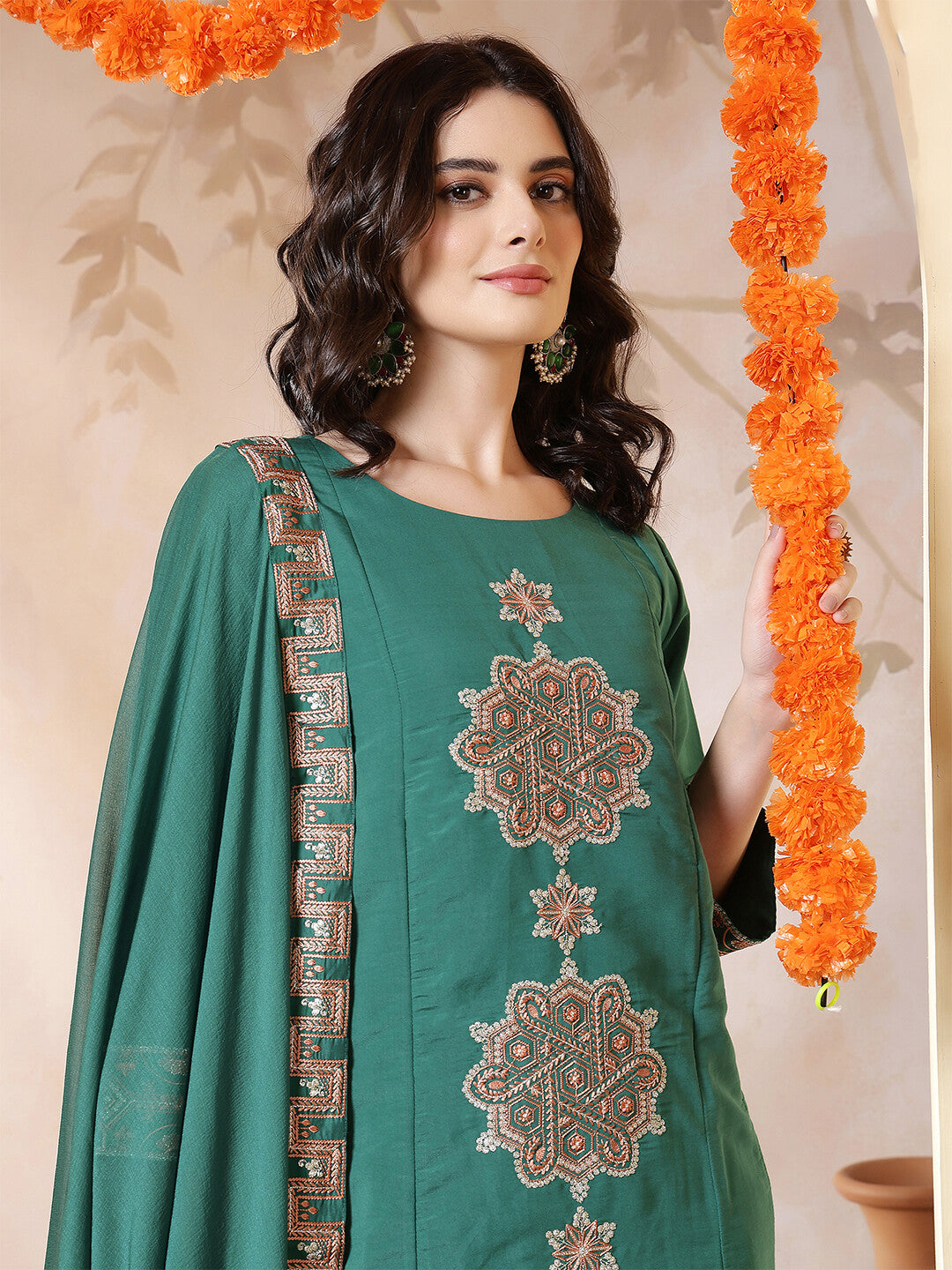 Floral Embroidered Straight Kurta & Trousers Sets