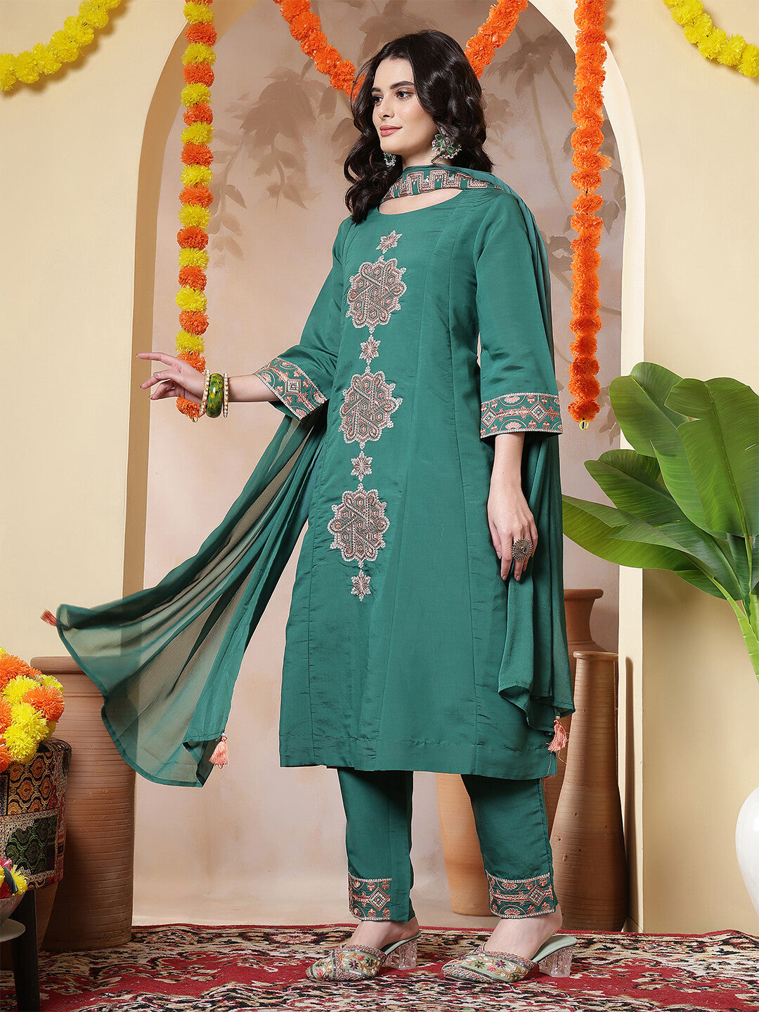 Floral Embroidered Straight Kurta & Trousers Sets