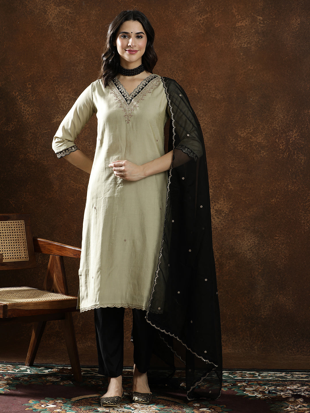 Floral Embroidered Straight Kurta & Trousers Sets