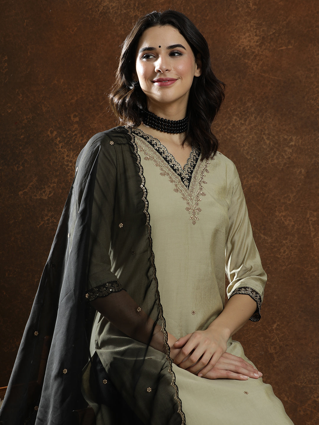 Floral Embroidered Straight Kurta & Trousers Sets