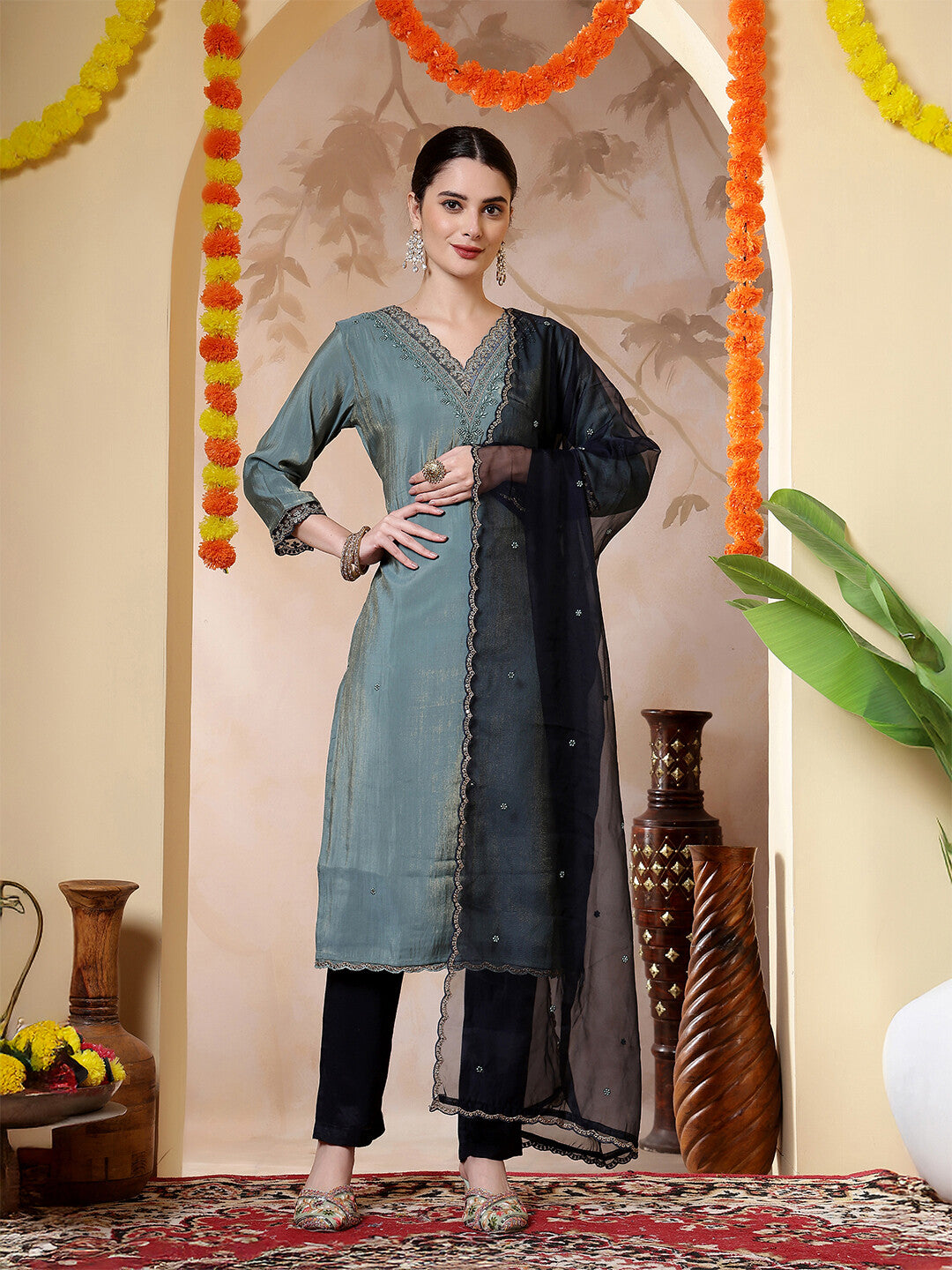 Floral Embroidered Straight Kurta & Trousers Sets