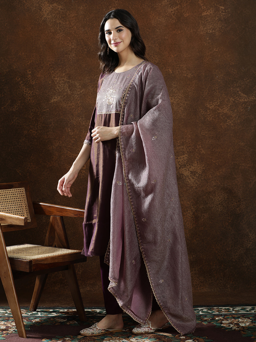 Floral Embroidered Straight Kurta & Trousers Sets