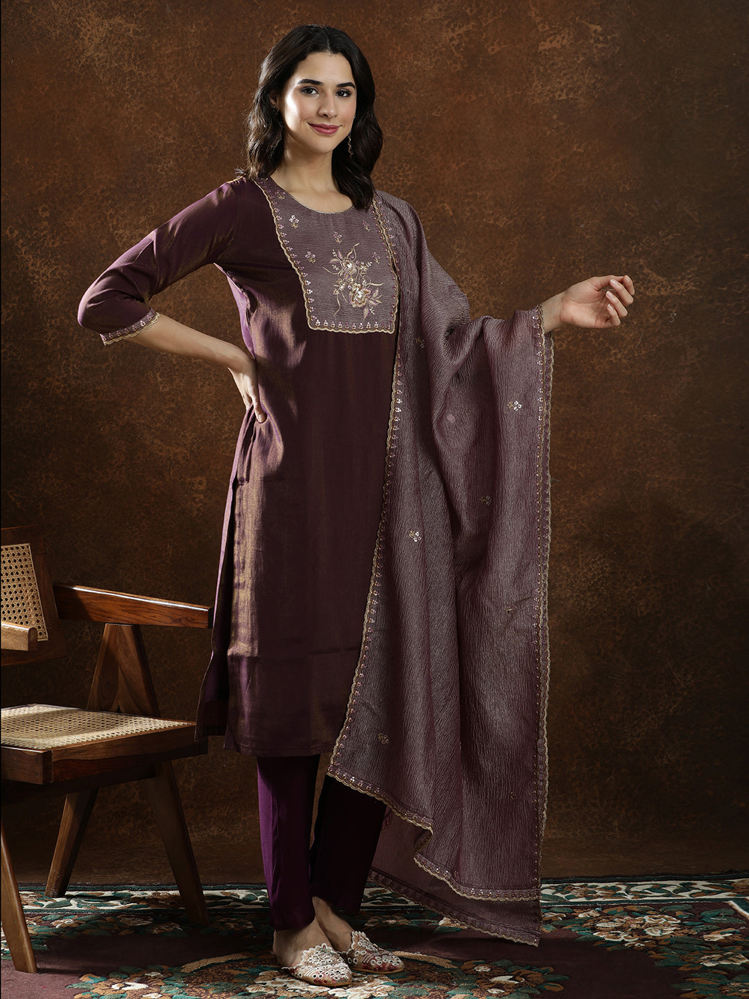 Floral Embroidered Straight Kurta & Trousers Sets
