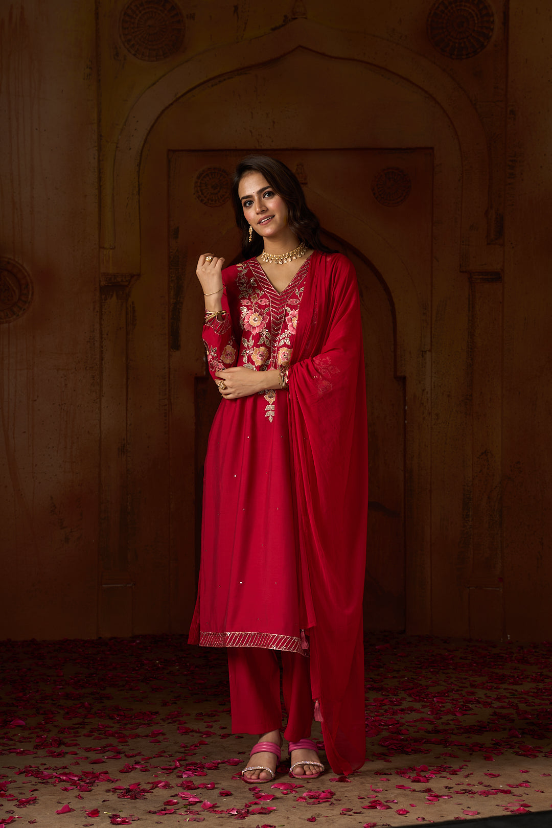 Floral Embroidered Straight Silk Blend Kurta & Trousers Sets