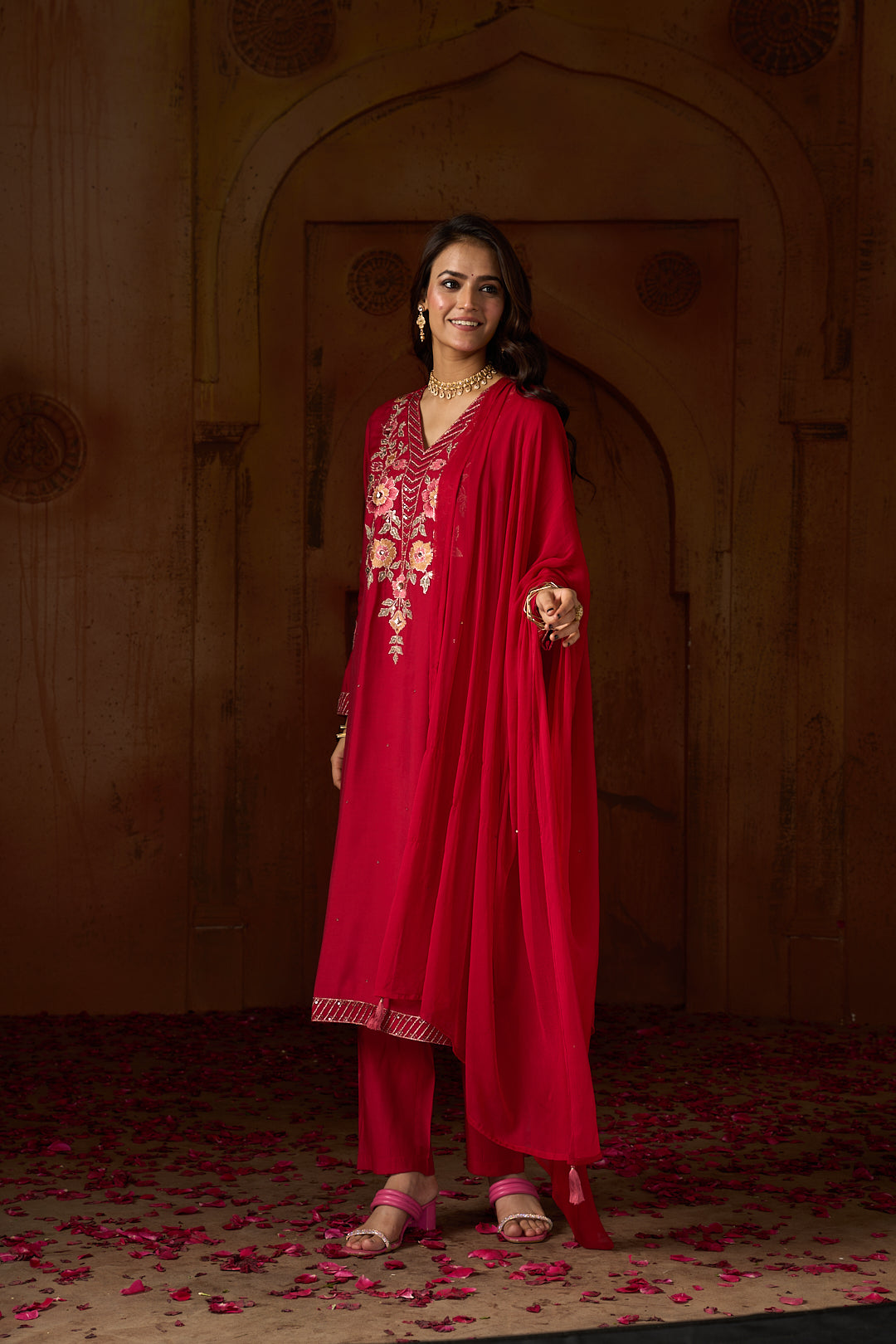 Floral Embroidered Straight Silk Blend Kurta & Trousers Sets