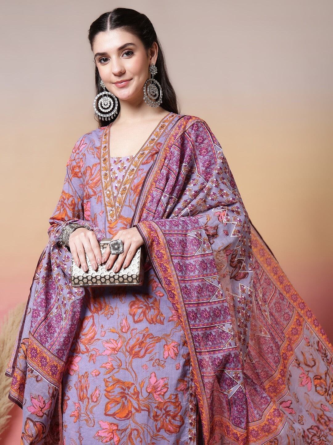 Floral Embroidered Straight Pure Cotton Kurta & Trousers Sets