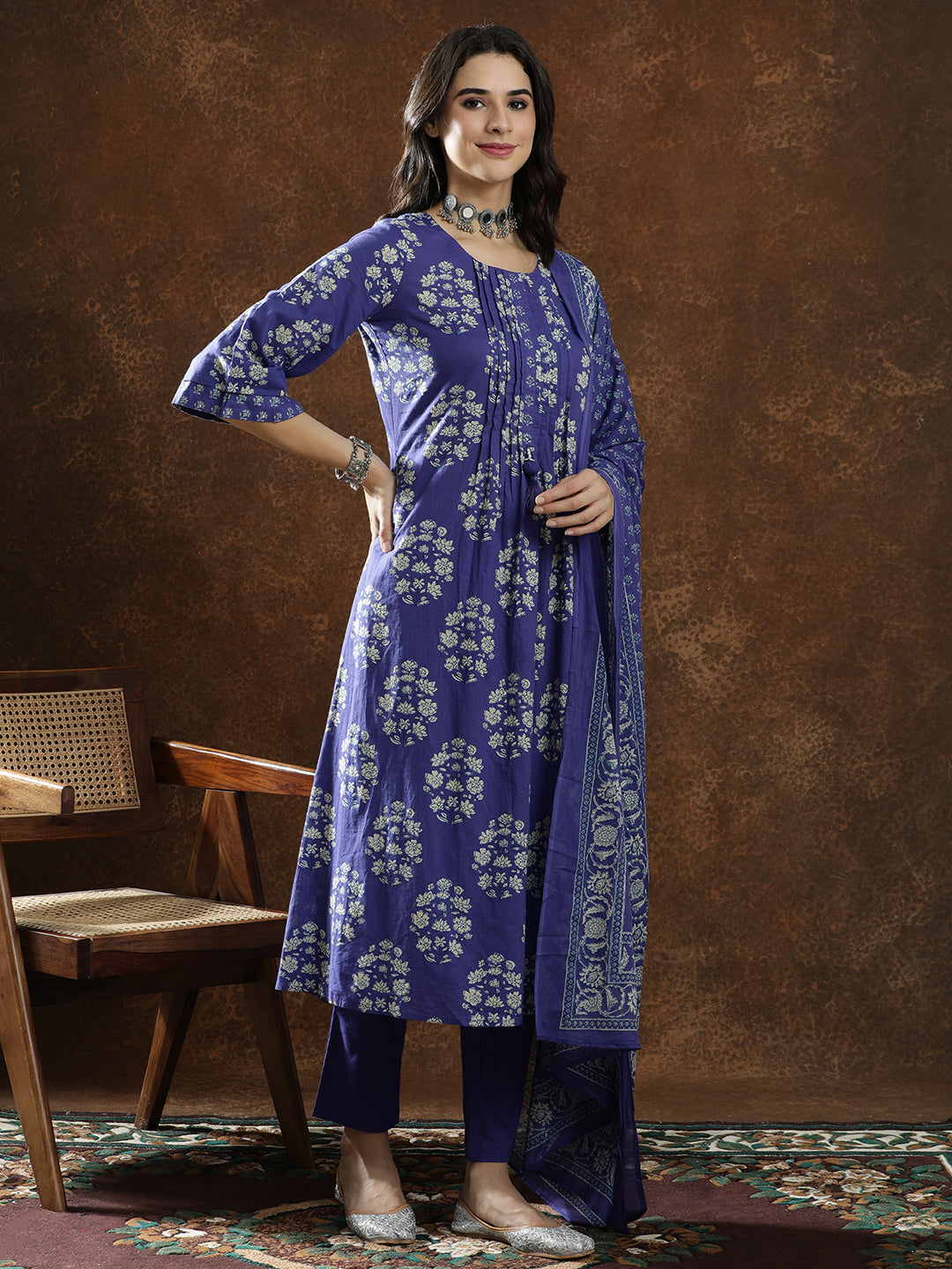 Floral Embroidered A-Line Pure Cotton Kurta & Trousers Sets