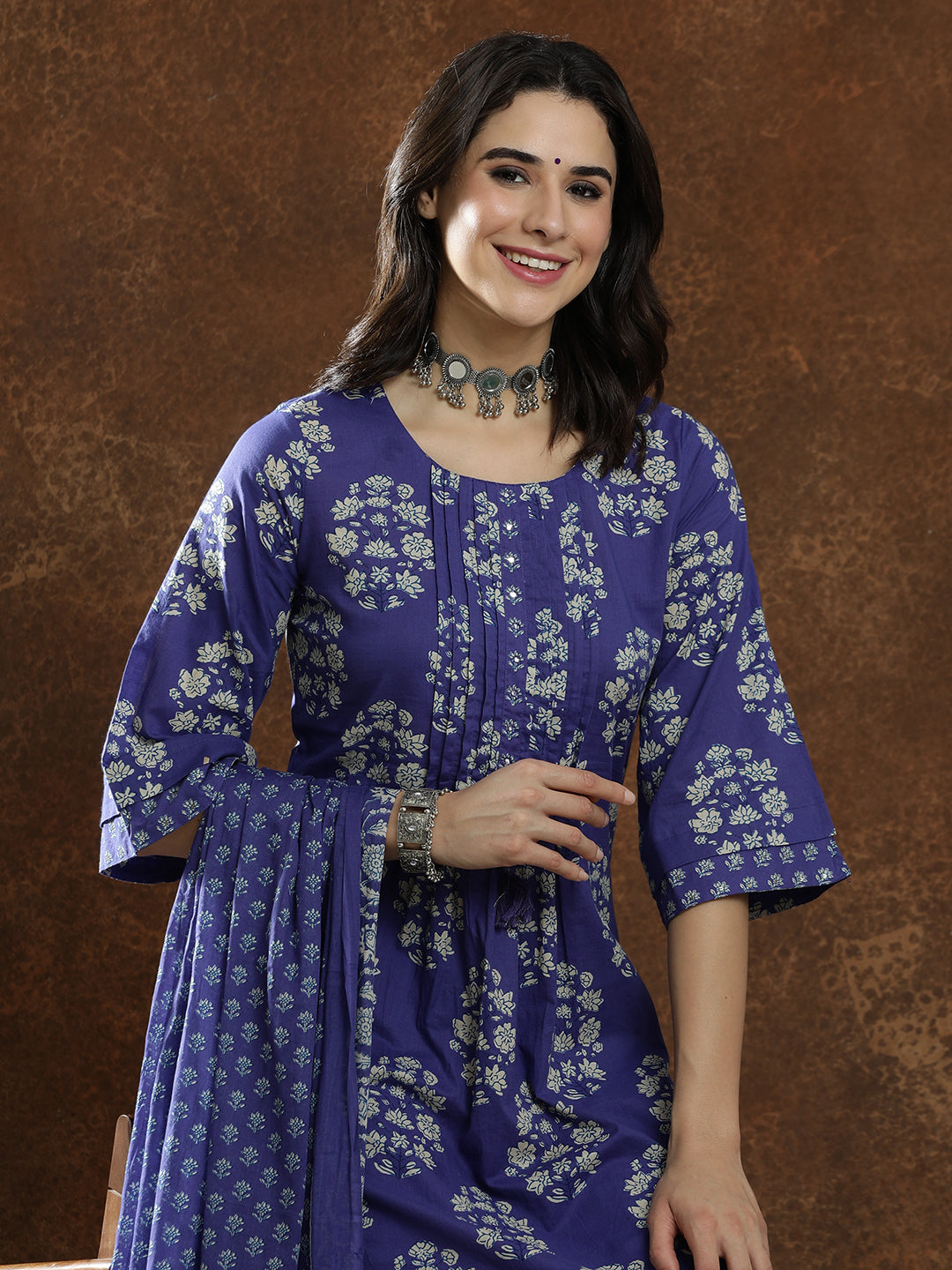 Floral Embroidered A-Line Pure Cotton Kurta & Trousers Sets