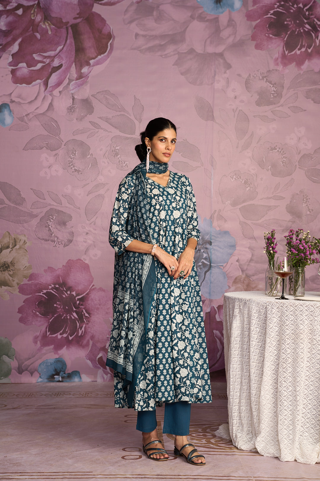Floral Embroidered A-Line Pure Cotton Kurta & Trousers Sets
