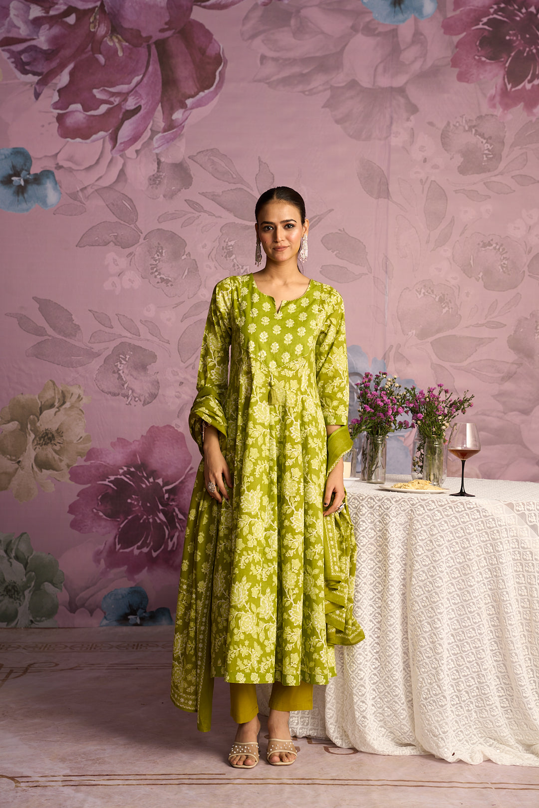 Floral Embroidered A-Line Pure Cotton Kurta & Trousers Sets