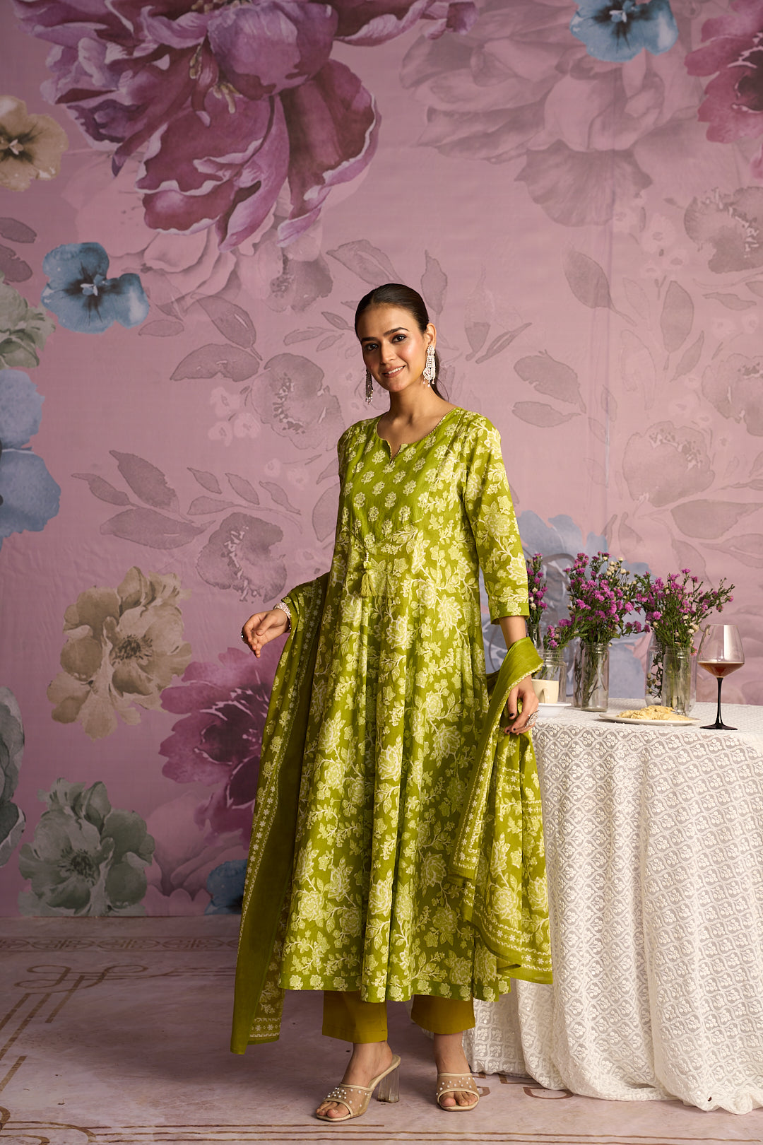 Floral Embroidered A-Line Pure Cotton Kurta & Trousers Sets