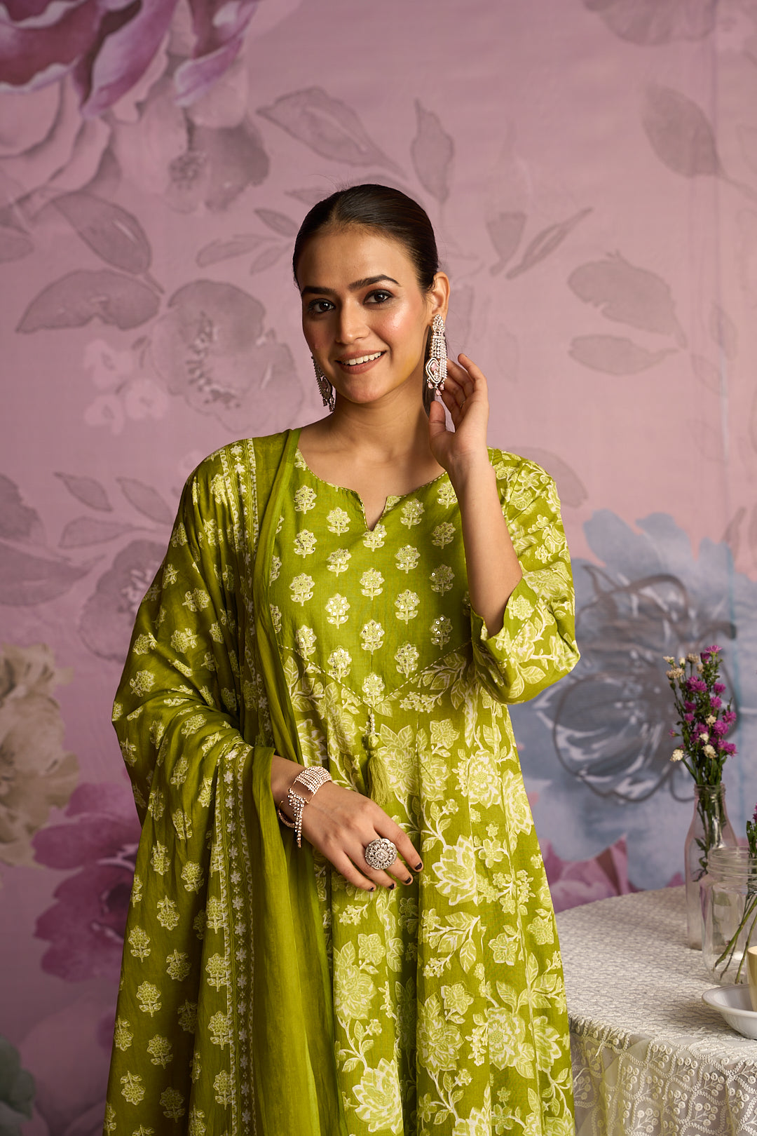 Floral Embroidered A-Line Pure Cotton Kurta & Trousers Sets