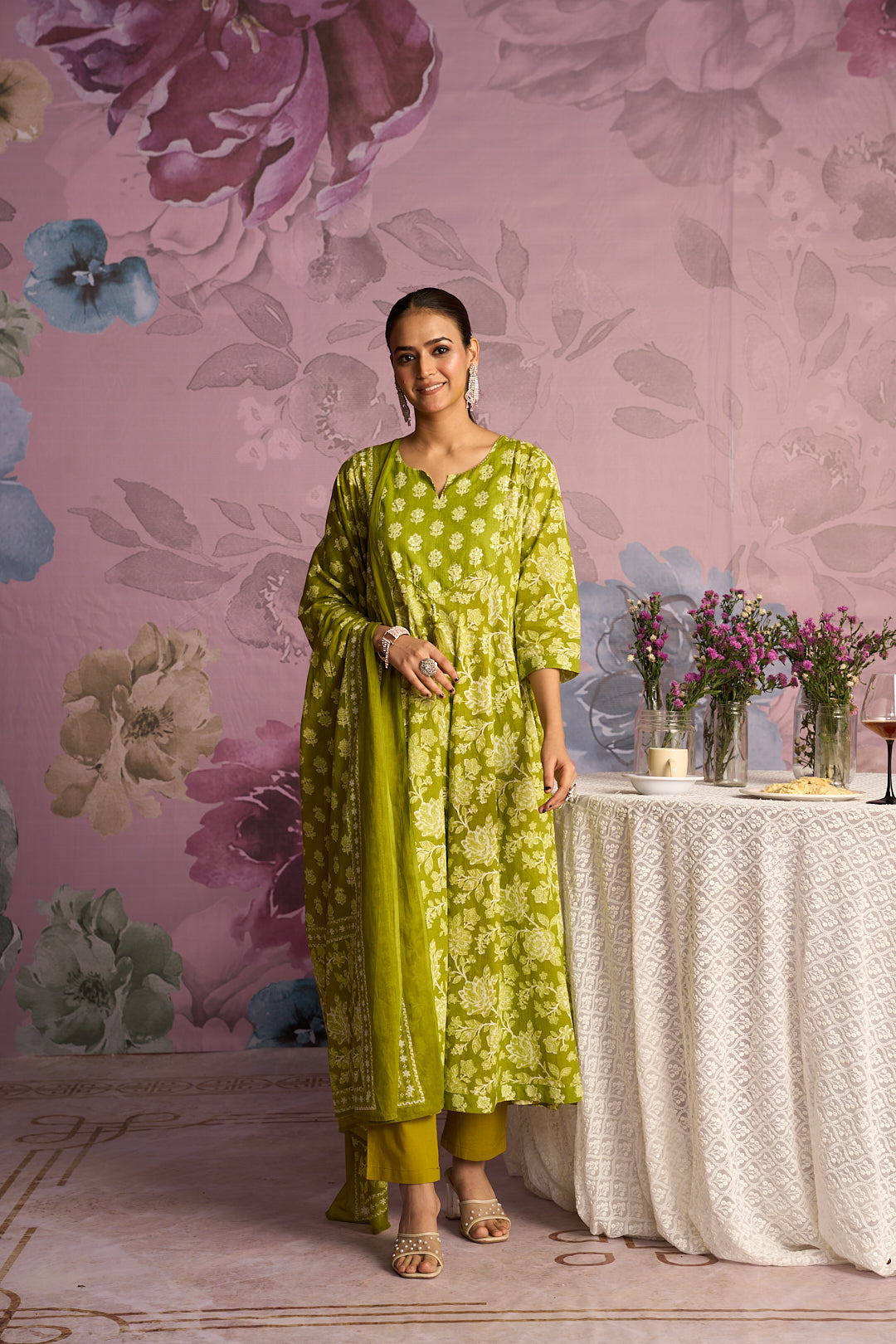 Floral Embroidered A-Line Pure Cotton Kurta & Trousers Sets