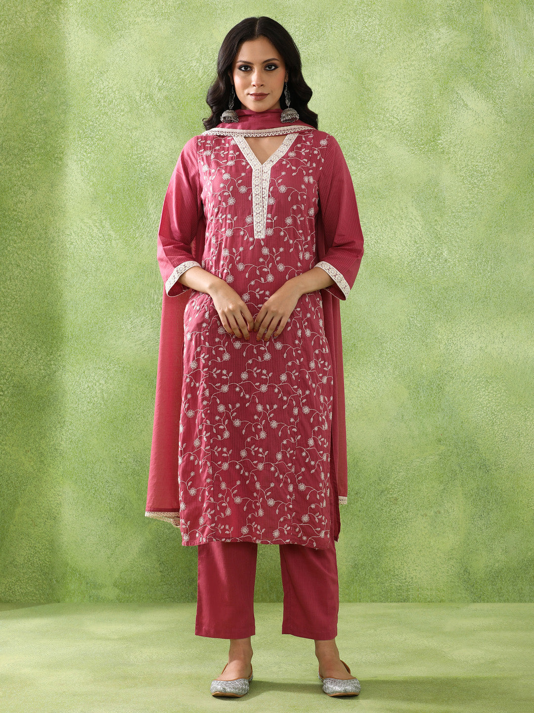 Floral Embroidered A-Line Pure Cotton Kurta & Trousers Sets
