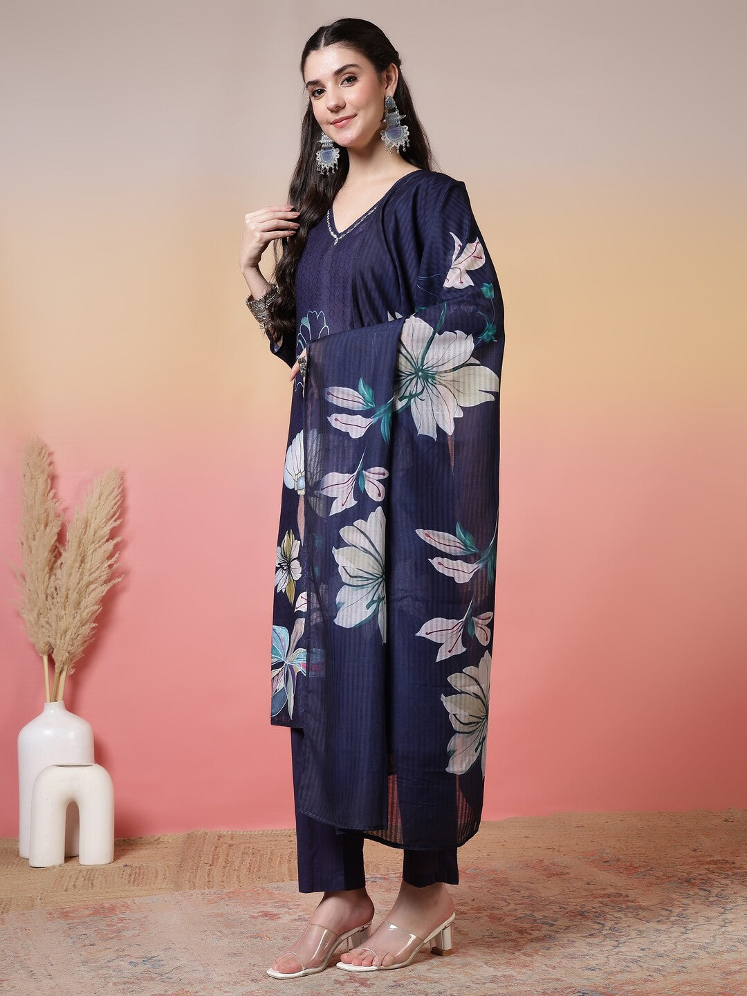 Floral Embroidered Straight Kurta & Trousers Sets