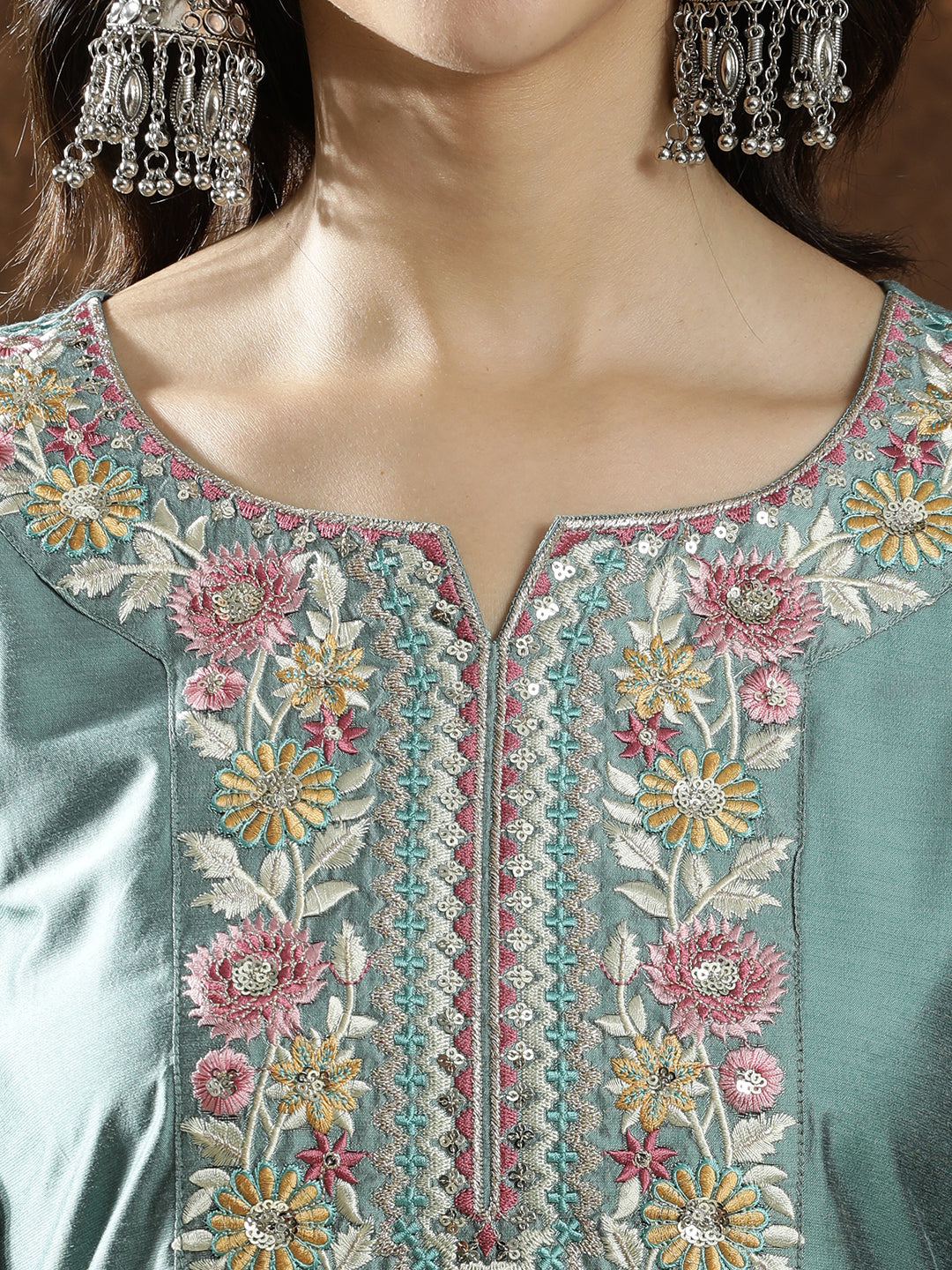 Floral Embroidered Straight Kurta & Trousers Sets
