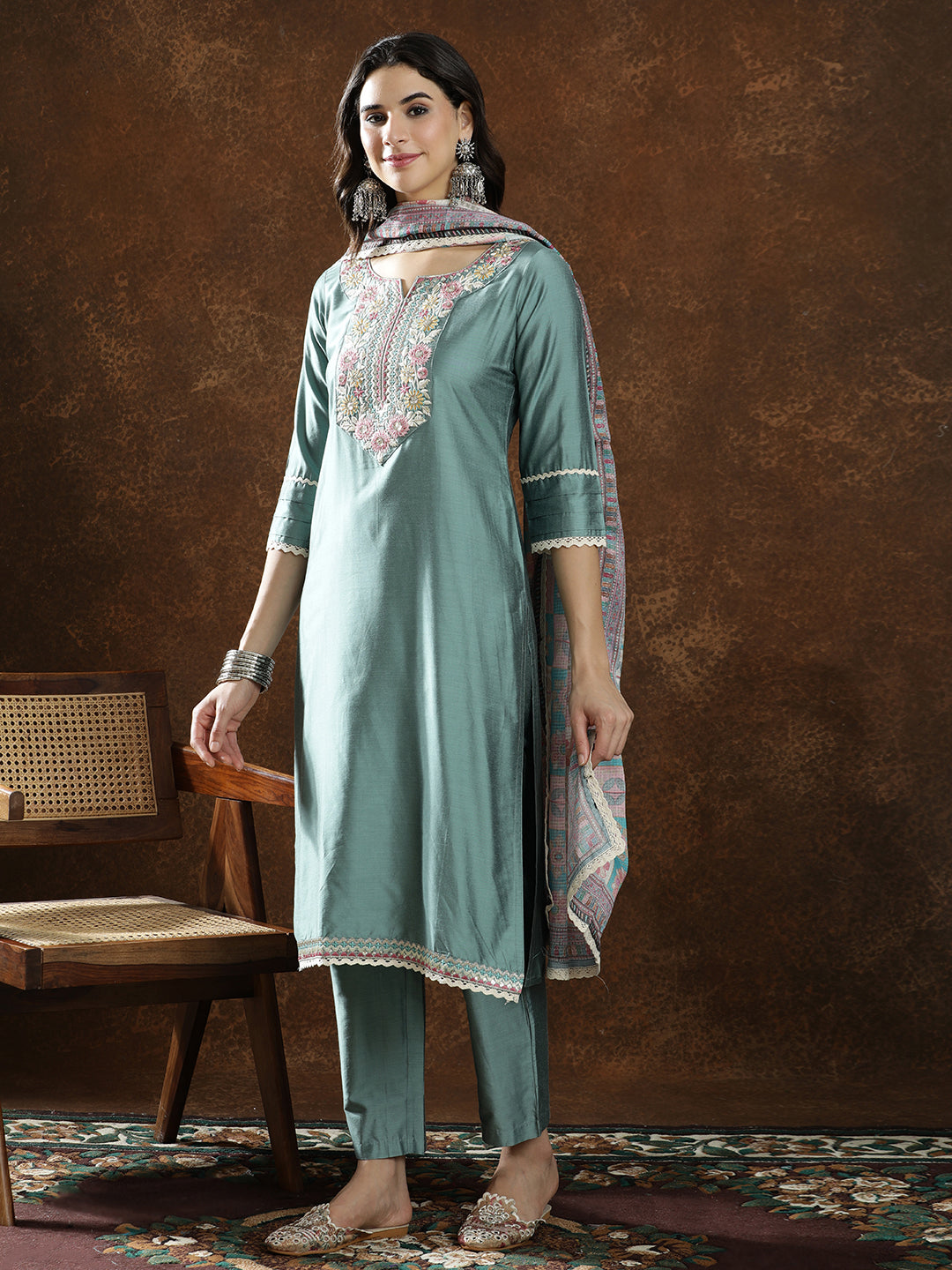 Floral Embroidered Straight Kurta & Trousers Sets