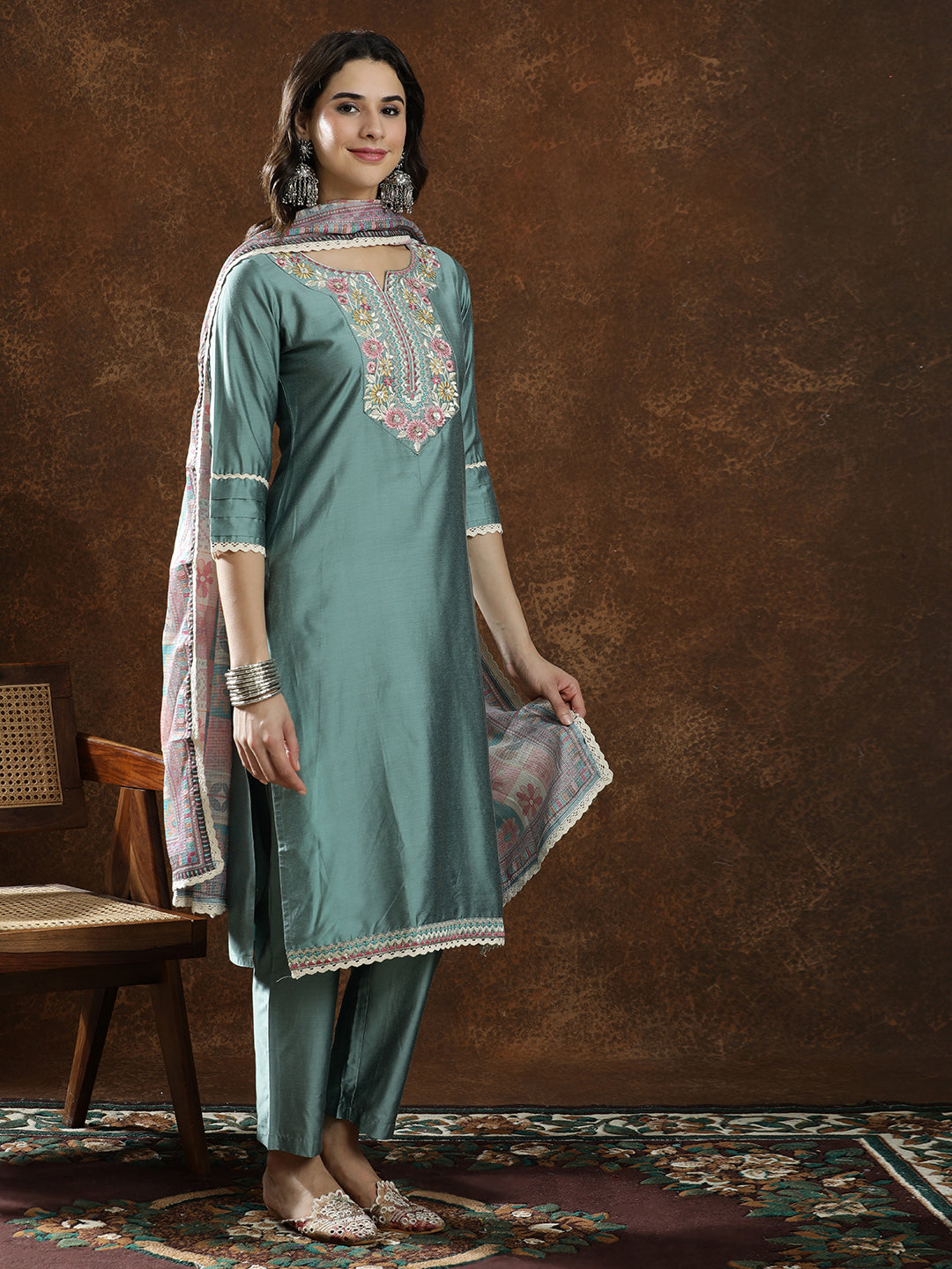 Floral Embroidered Straight Kurta & Trousers Sets