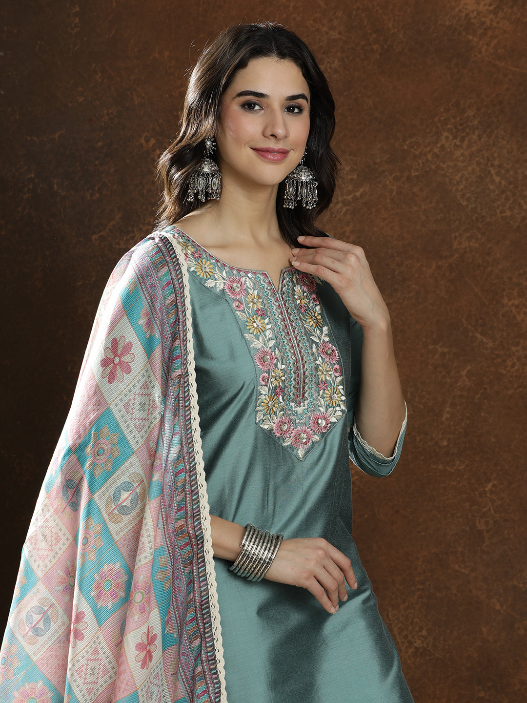 Floral Embroidered Straight Kurta & Trousers Sets