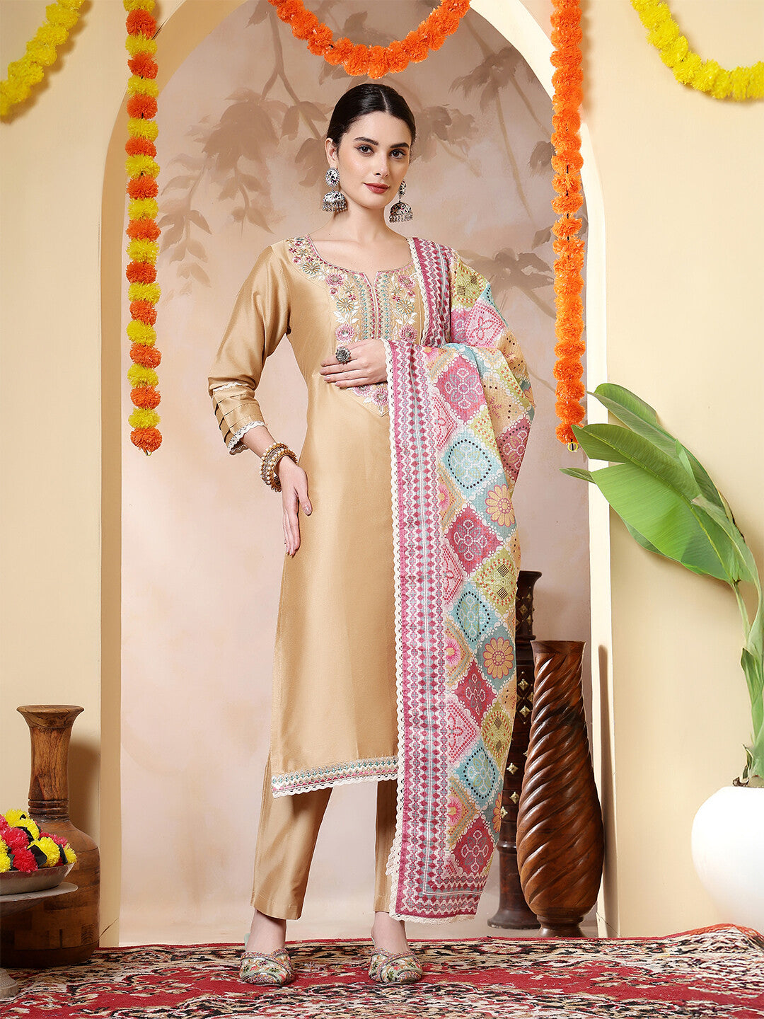 Floral Embroidered Straight Kurta & Trousers Sets