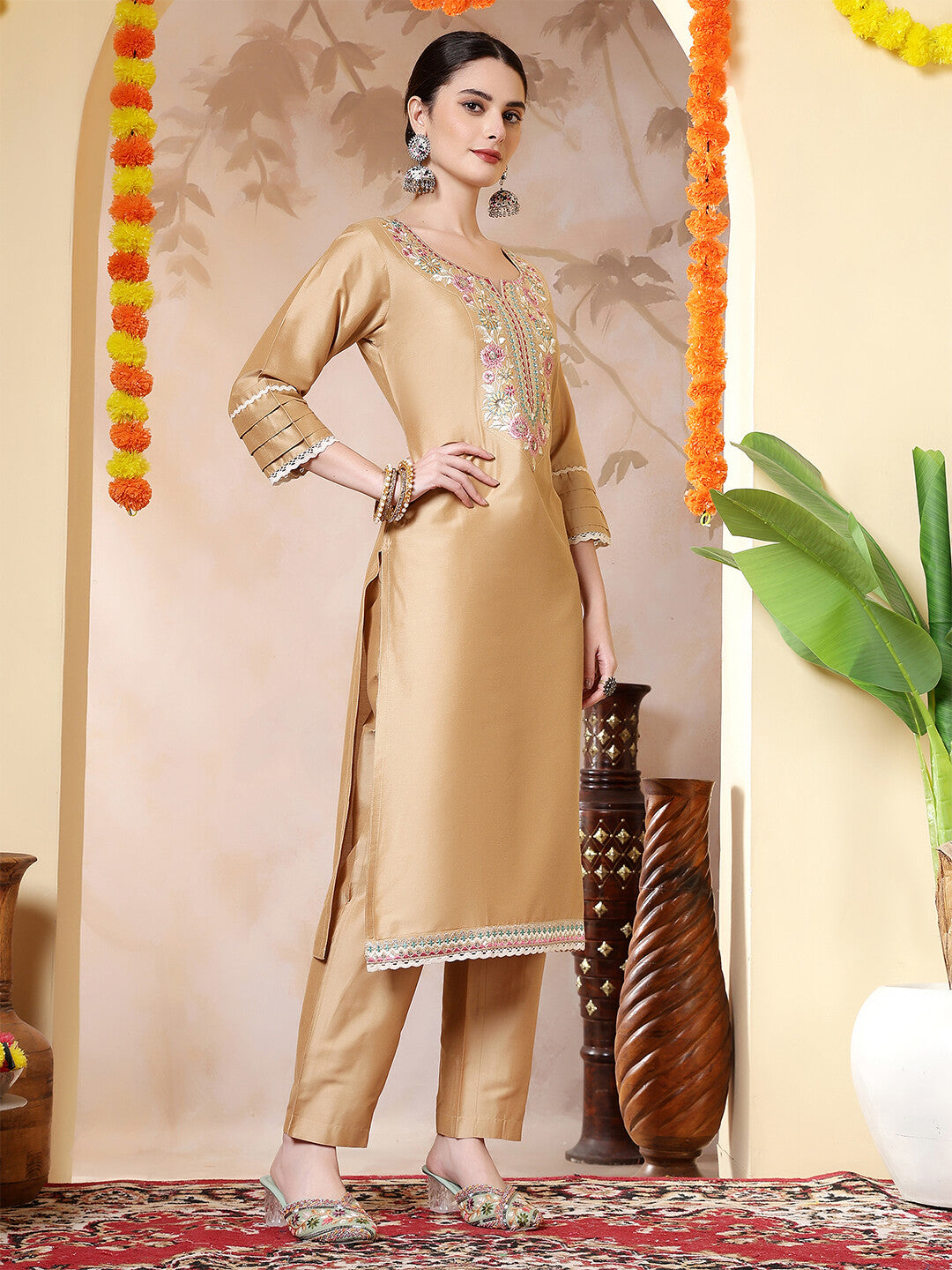 Floral Embroidered Straight Kurta & Trousers Sets