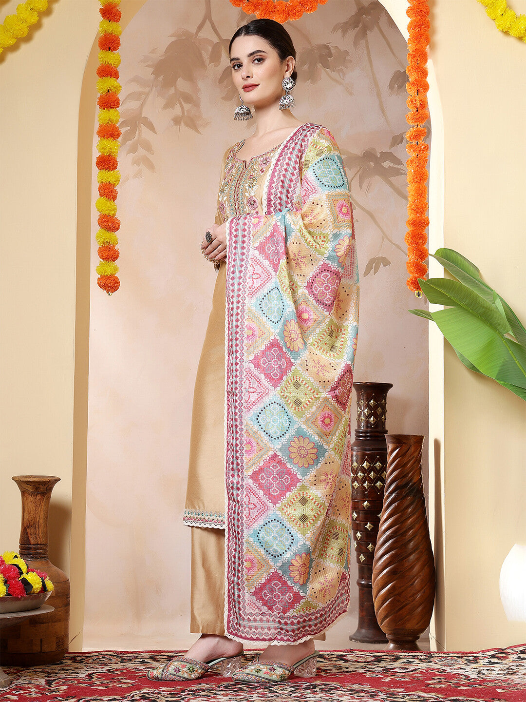 Floral Embroidered Straight Kurta & Trousers Sets