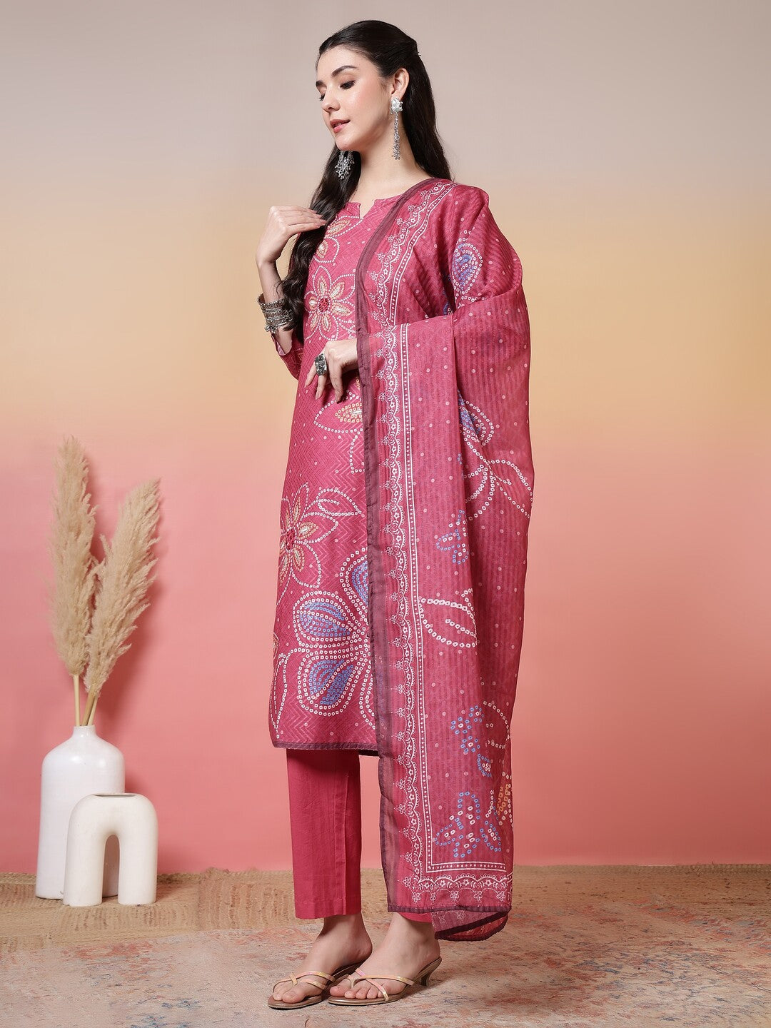 Bandhani Embroidered Straight Kurta & Trousers Sets