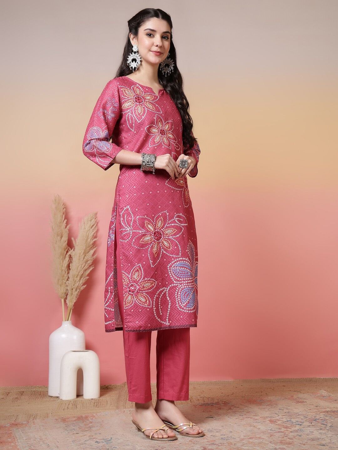 Bandhani Embroidered Straight Kurta & Trousers Sets