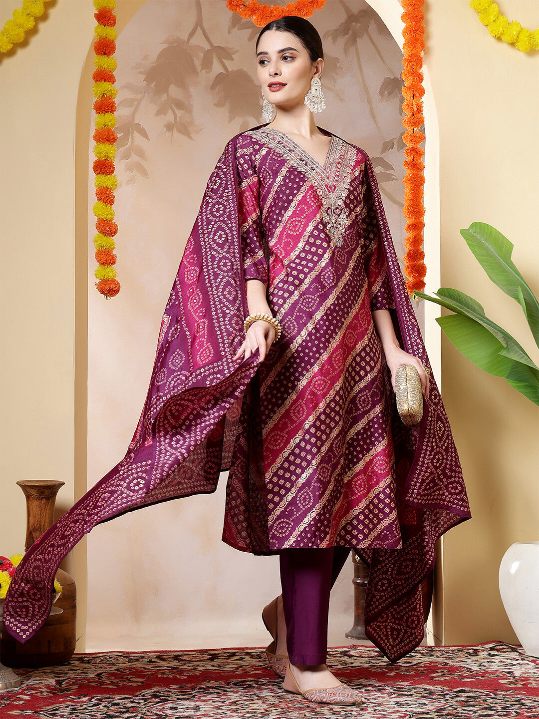 Bandhani Embroidered Straight Kurta & Trousers Sets