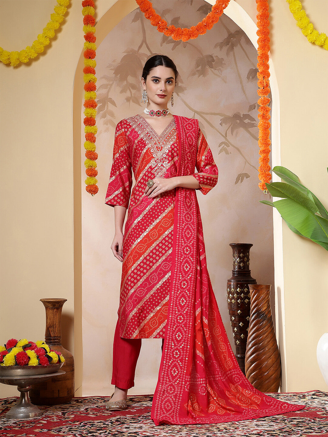 Bandhani Embroidered Straight Kurta & Trousers Sets