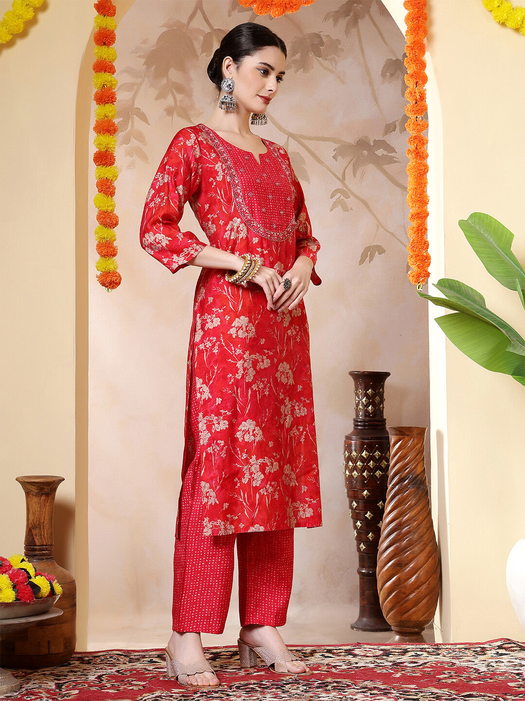 Floral Embroidered Straight Kurta & Trousers Sets