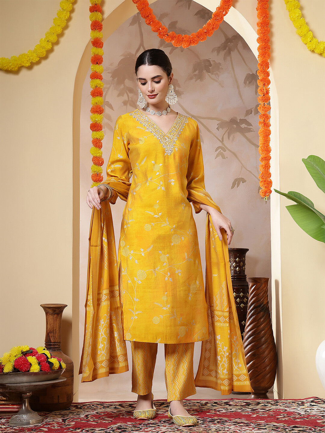 Floral Embroidered Straight Kurta & Trousers Sets
