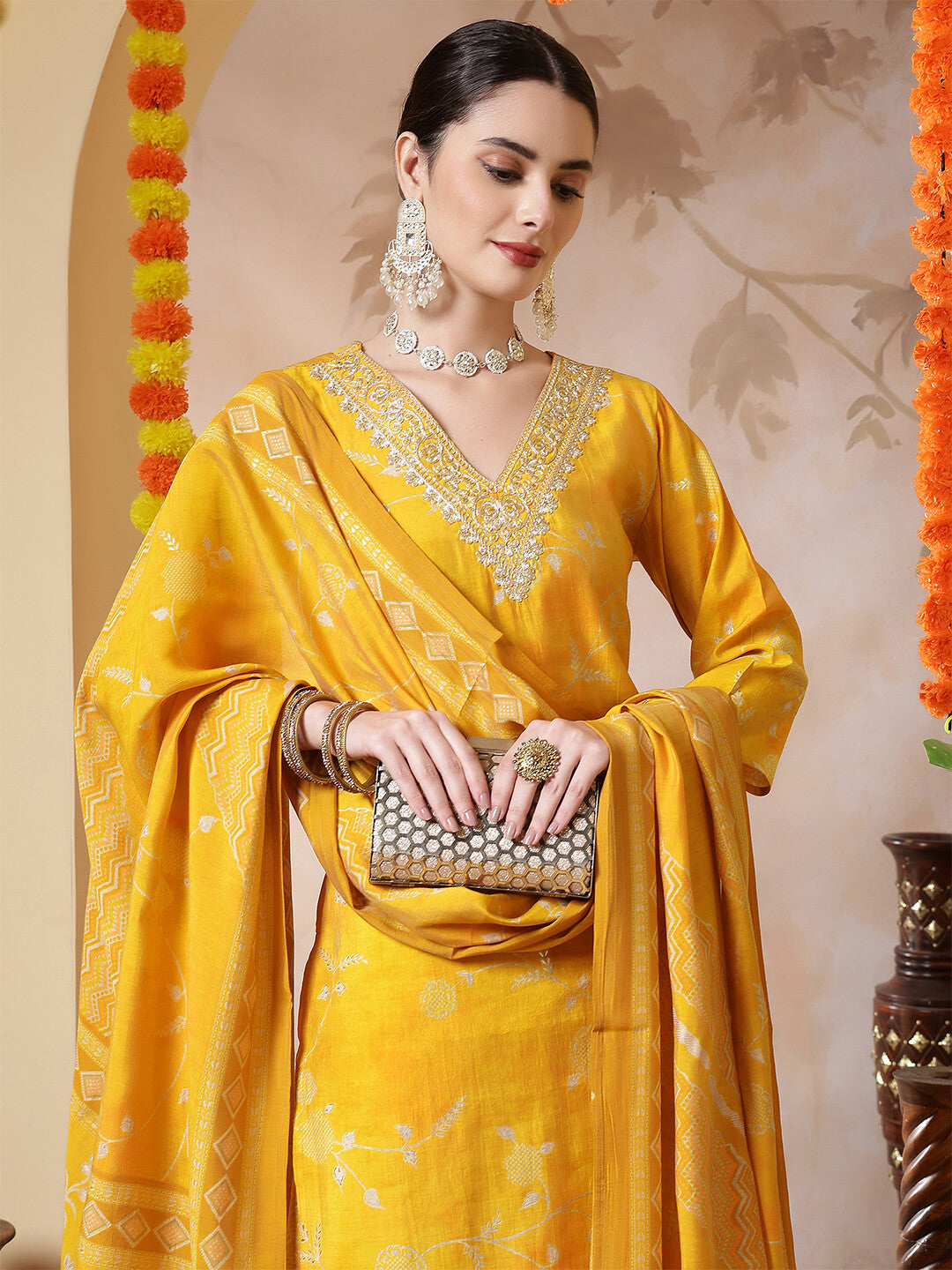 Floral Embroidered Straight Kurta & Trousers Sets