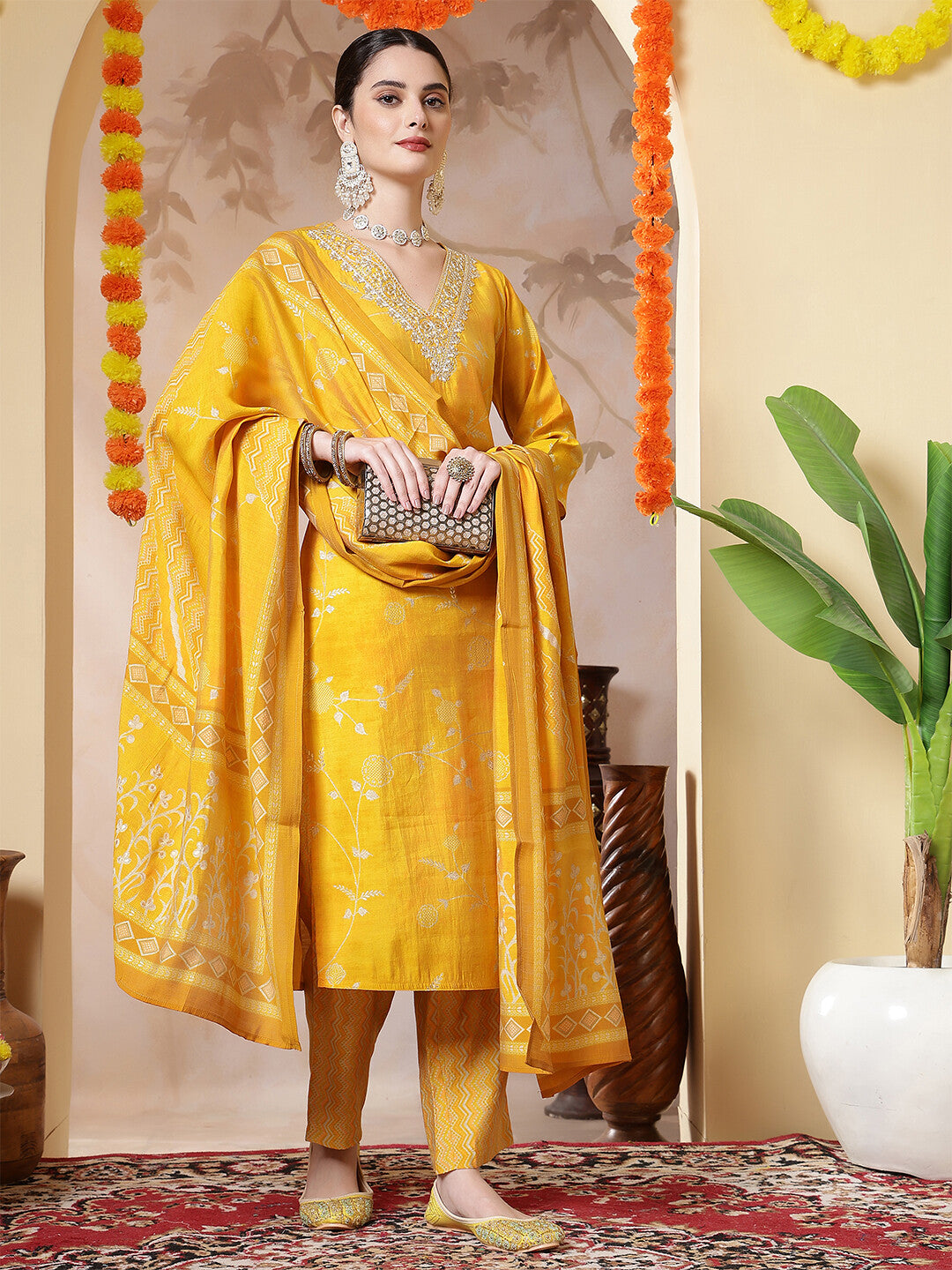 Floral Embroidered Straight Kurta & Trousers Sets