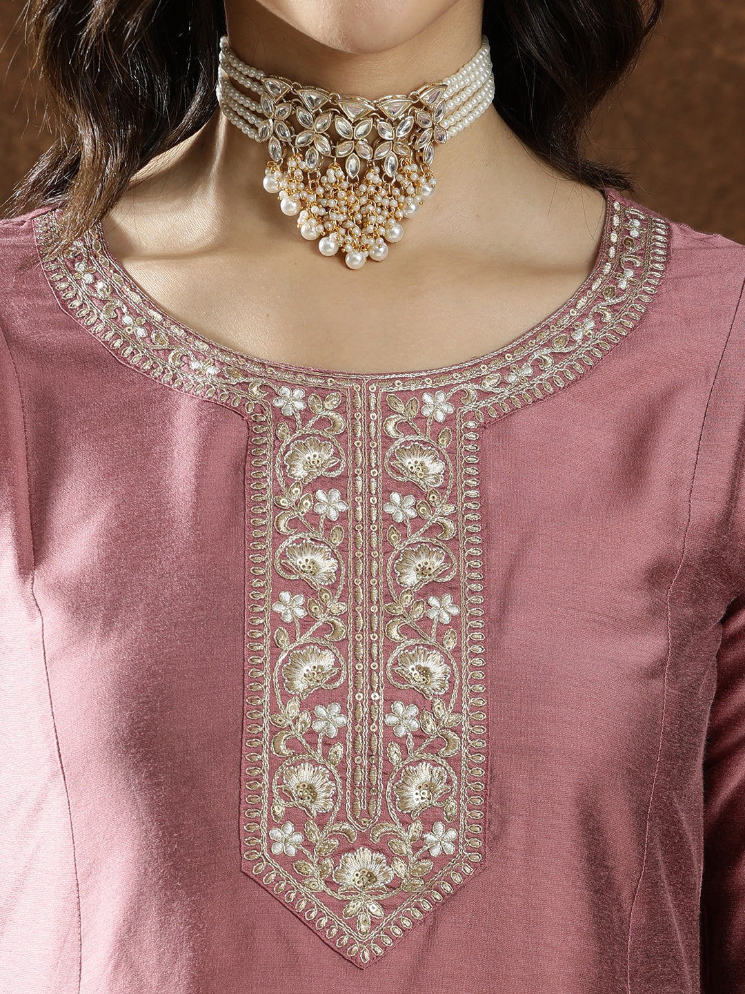 Floral Embroidered Straight Kurta & Trousers Sets