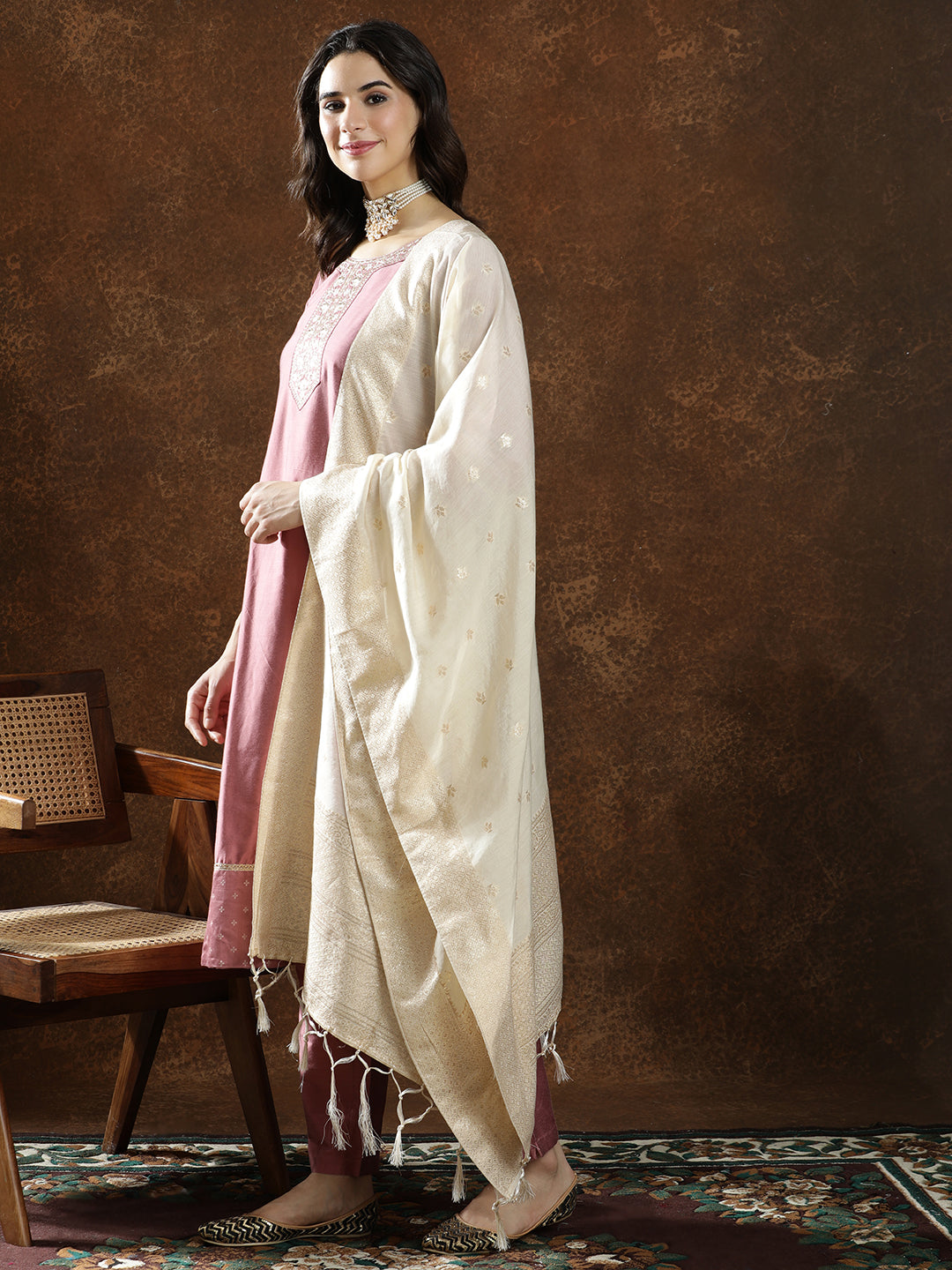 Floral Embroidered Straight Kurta & Trousers Sets