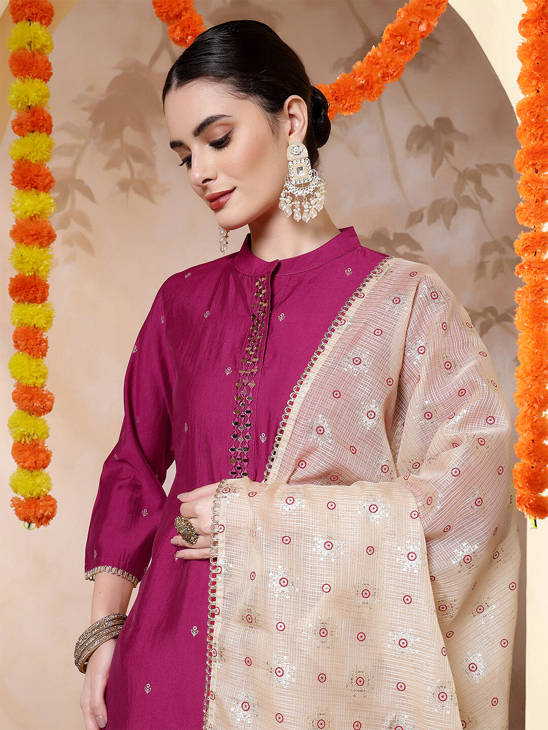 Floral Embroidered Straight Kurta & Trousers Sets