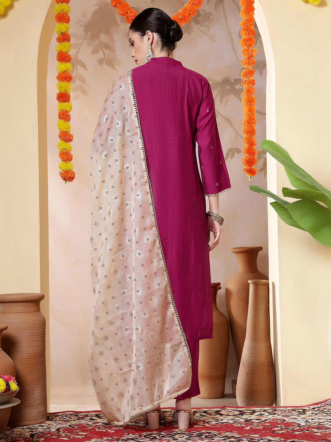 Floral Embroidered Straight Kurta & Trousers Sets