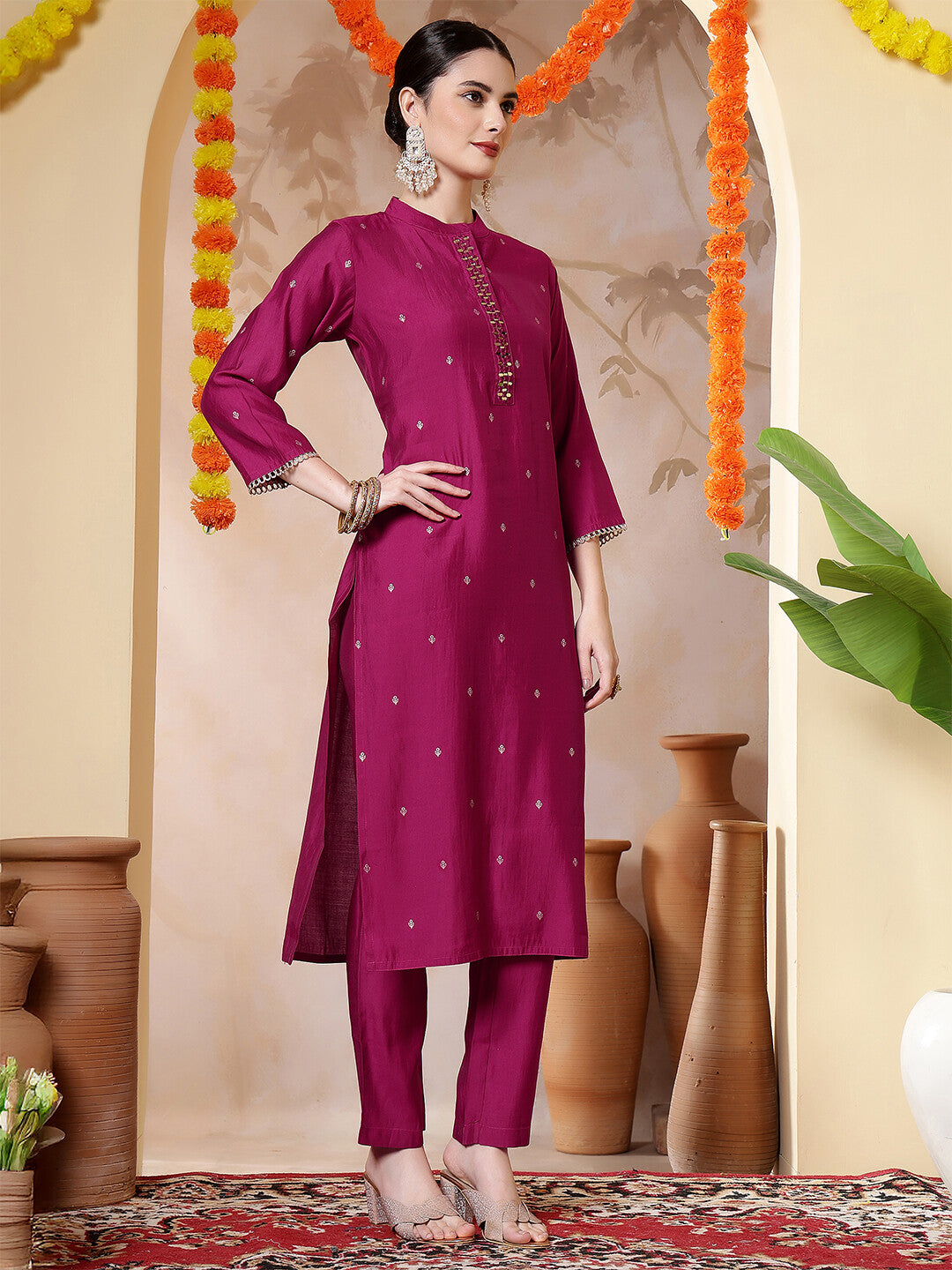 Floral Embroidered Straight Kurta & Trousers Sets