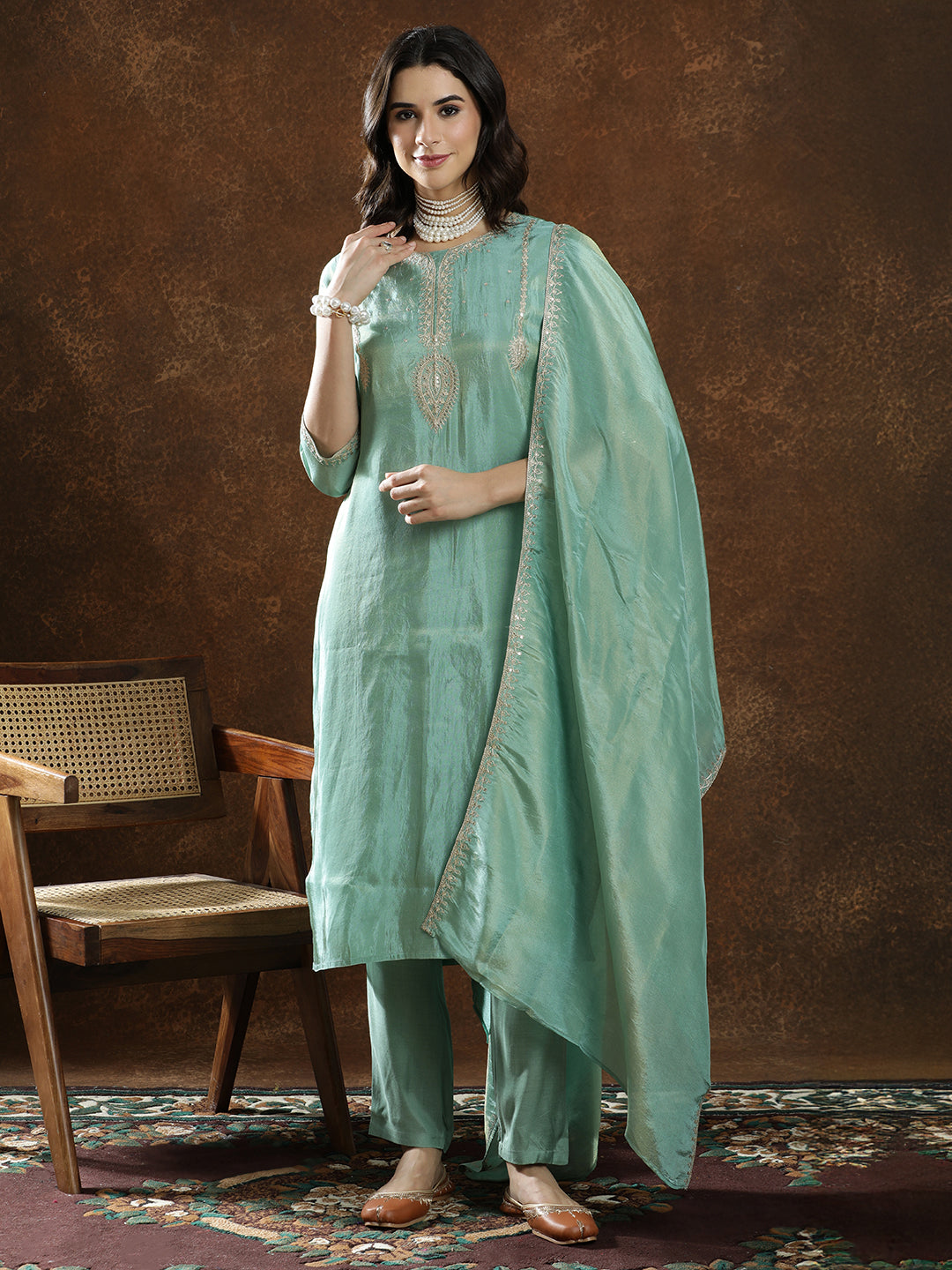 Floral Embroidered Straight Kurta & Trousers Sets