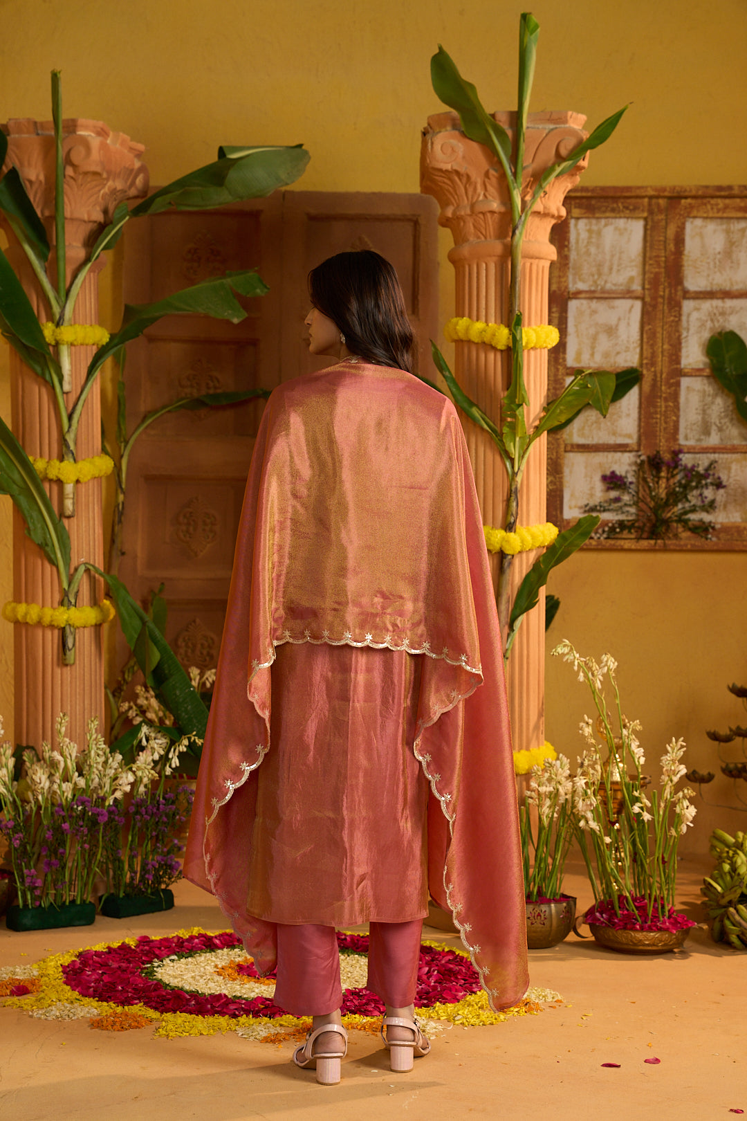 Floral Embroidered Straight Tissue Kurta & Trousers Sets